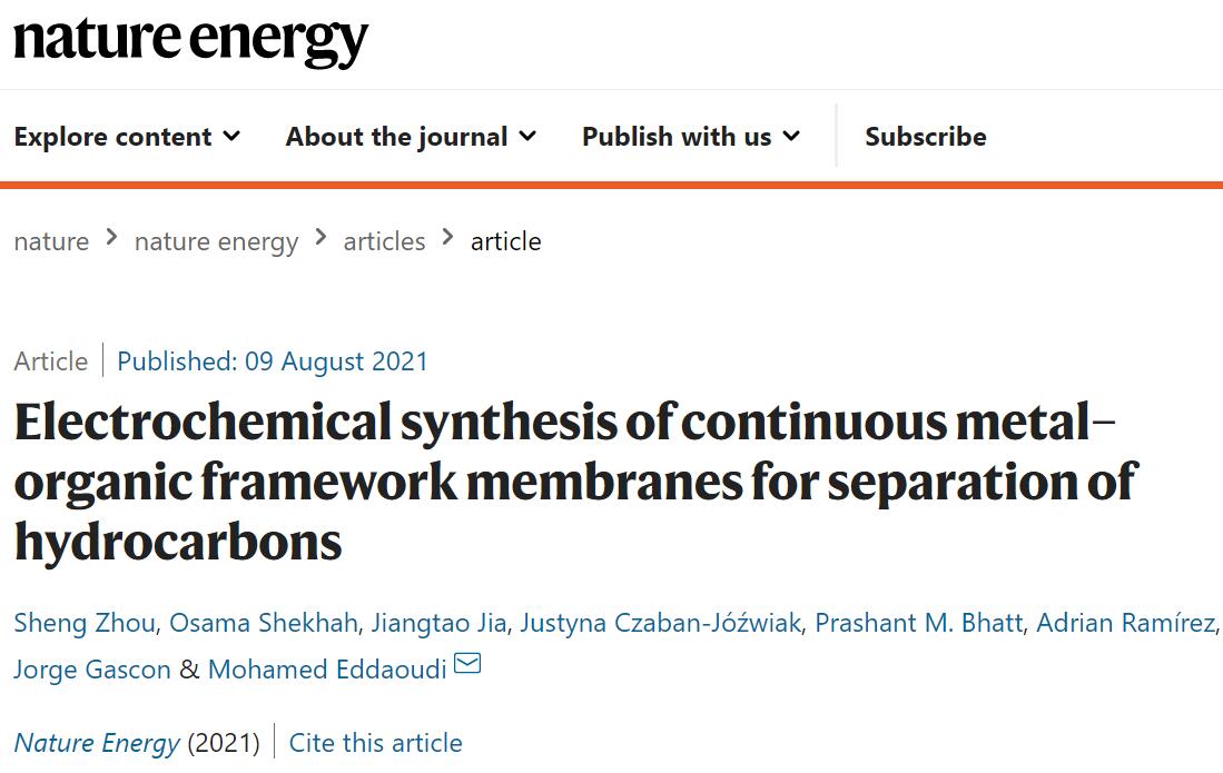 KAUST最新Nature Energy:MOF膜最新成果!