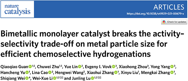 中科大路军岭/李微雪Nature Catalysis: 兼具活性选择性的双金属单层催化剂