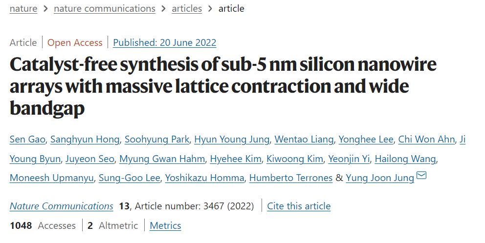 Nature Communication:具有大量晶格收缩和宽带隙的亚 5 nm 硅纳米线阵列的无催化剂合成