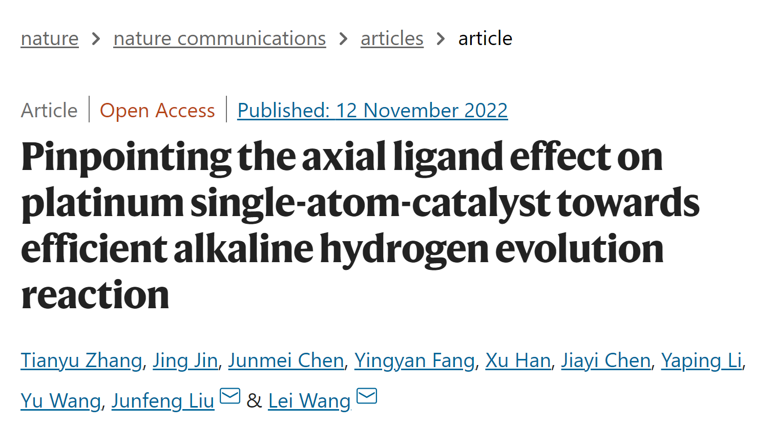 北京化工大学/新加坡国立大学最新Nature Commun.:准确定位铂单原子轴向配体,实现高效碱性HER