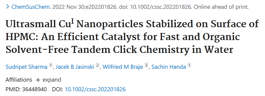 ChemSusChem:稳定在HPMC表面的超小CuI纳米颗粒——一种在水中快速且无有机溶剂串联的点击化学的高效催化剂