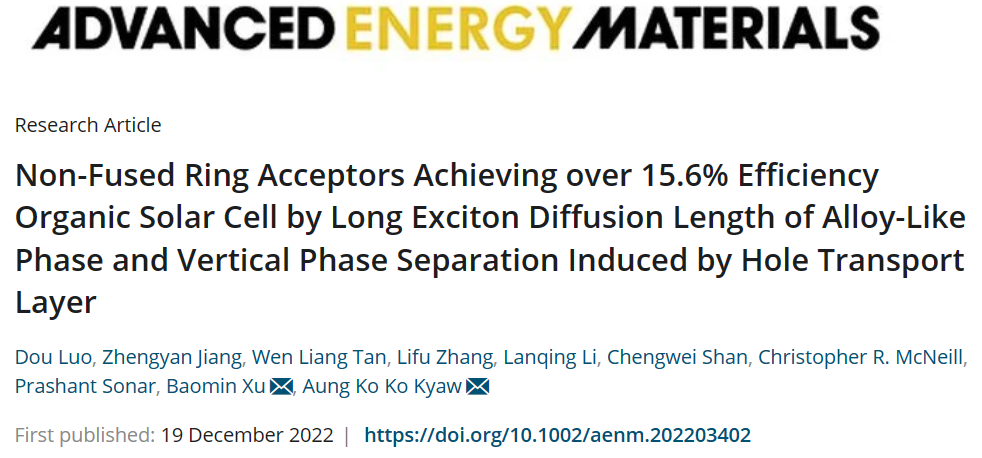 AEM:非稠环受体实现超过15.6%效率的有机太阳能电池