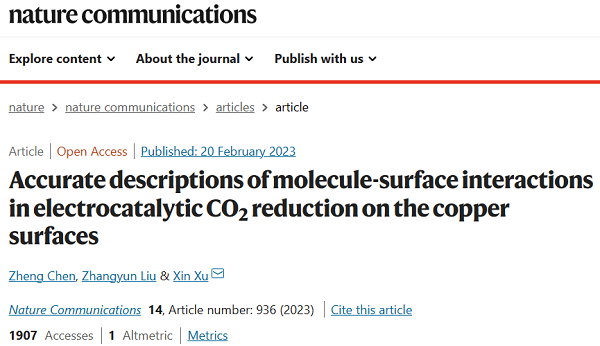 复旦大学徐昕Nat. Commun.:精确计算吸附分子-金属表面的相互作用及其在铜表面CO2RR中的应用