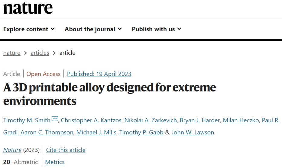 美国宇航局格伦研究中心Nature:3D打印极端环境服役材料