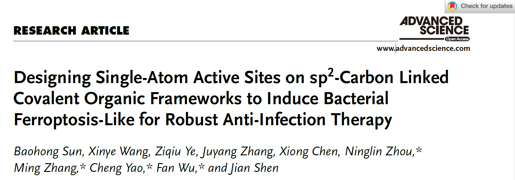 Adv. Mater.:将sp2碳共价有机框架上的单原子活性位点设计为诱导细菌类铁死亡现象,以实现强效的抗感染治疗