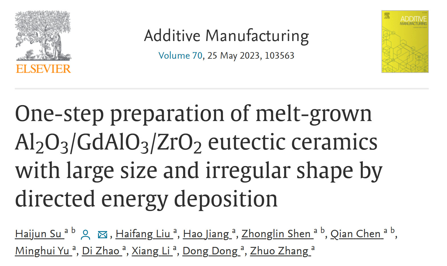 西工大苏海军教授顶刊:定向能量沉积法一步制备大尺寸不规则的熔融生长Al2O3/GdAlO3/ZrO2共晶陶瓷