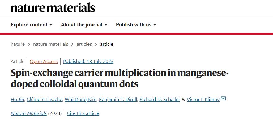 Nature Materials:Klimov团队载流子倍增新突破