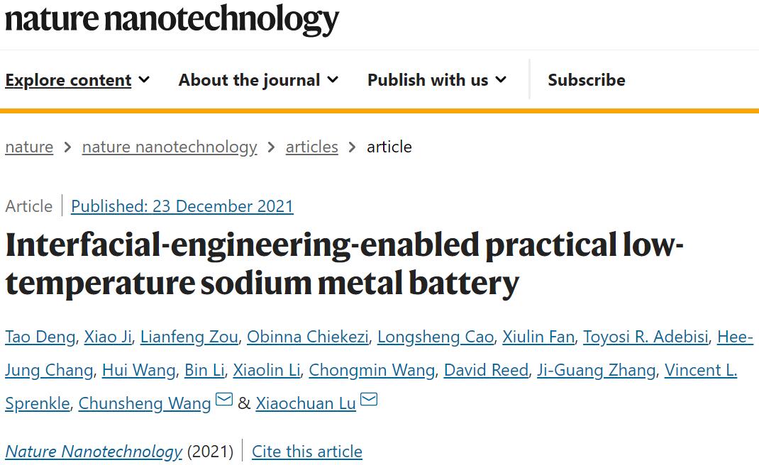 王春生&鲁小川 最新Nature子刊：助力低温钠电池实用化