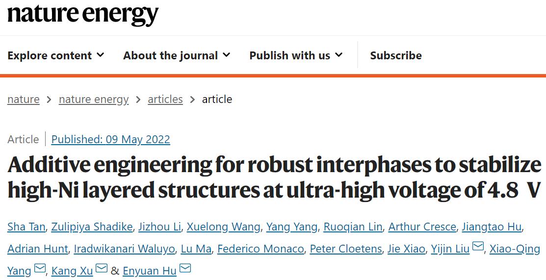 胡恩源&许康等 Nature Energy：添加剂工程助力4.8 V超高电压！