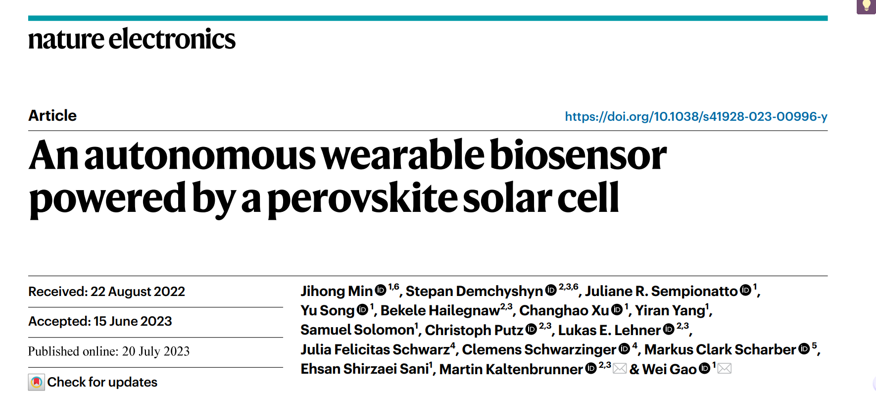 Nat Electron：一种由钙钛矿太阳能电池供电的自主可穿戴生物传感器